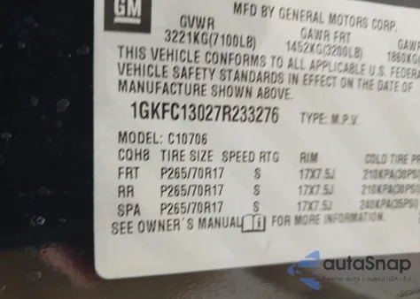 2007 GMC Yukon Sle из США, поврежденный, VIN 1GKFC13027R233276